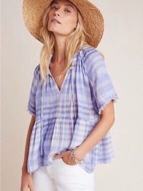 Anthropologie Lavender Plaid Peasant Tunic